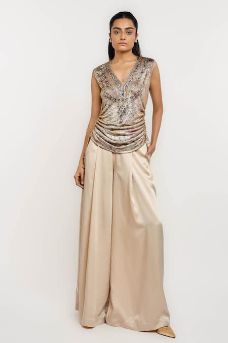 Ott_Green Silk Beads, Sequins V-neck Mosaic Organza Top _Online_at_Aza_Fashions