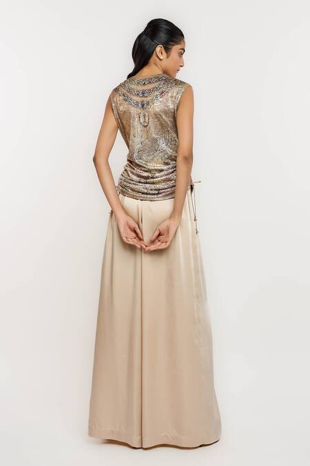 Buy_Ott_Green Silk Beads, Sequins V-neck Mosaic Organza Top _Online_at_Aza_Fashions