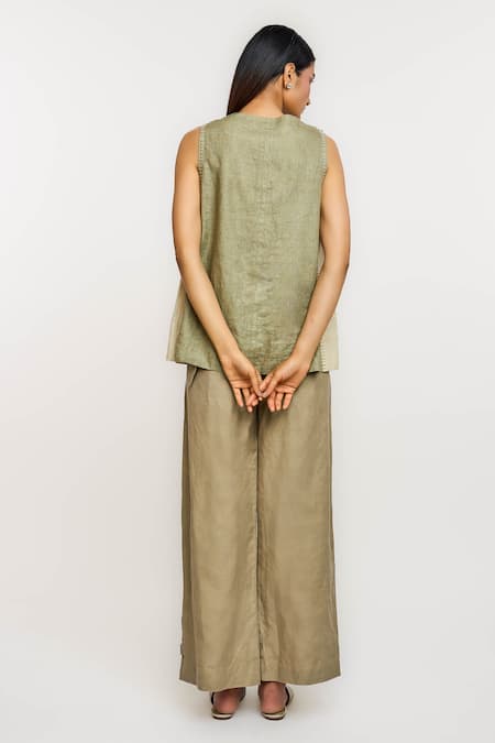 Shop_Ott_Olive Green Linen Boat Neck Kantha Colourblock Top _Online_at_Aza_Fashions