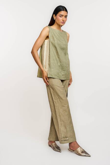 Ott_Olive Green Linen Boat Neck Kantha Colourblock Top _at_Aza_Fashions