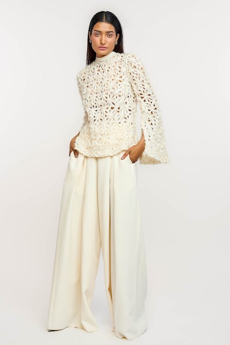 Ott_Ivory Chiffon, Polyester Embroidery High Neck Lattice Top _Online_at_Aza_Fashions