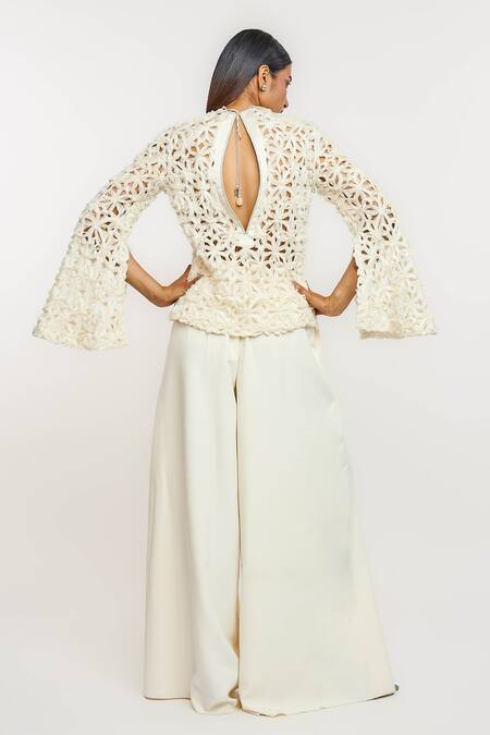 Buy_Ott_Ivory Chiffon, Polyester Embroidery High Neck Lattice Top _Online_at_Aza_Fashions