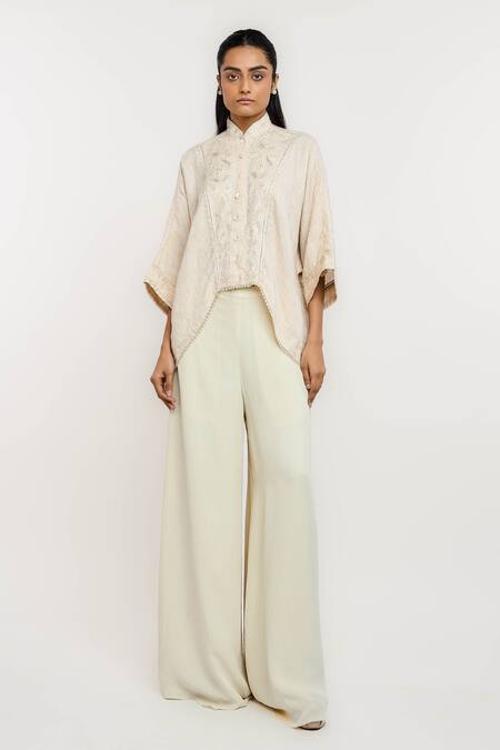 Buy_Ott_Ivory Chiffon, Polyester Open Neck Lattice Top _Online_at_Aza_Fashions