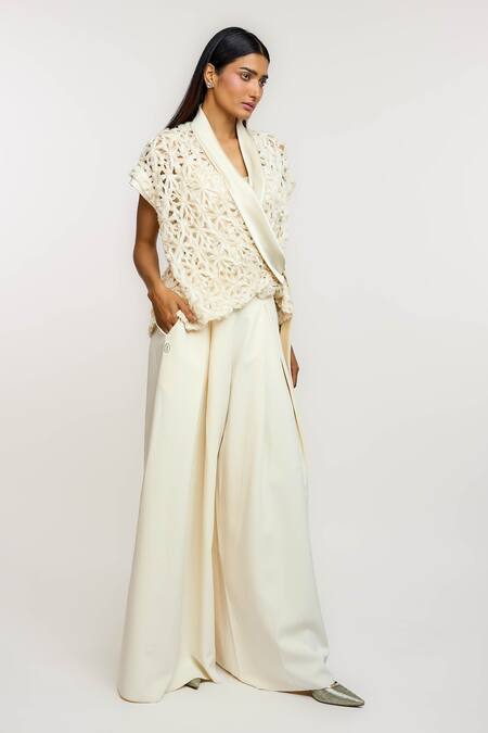 Ott_Ivory Chiffon, Polyester Open Neck Lattice Top _at_Aza_Fashions