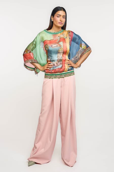 Ott_Multi Color Silk Embroidery Round Neck Singh Twins Sheer Top _Online_at_Aza_Fashions