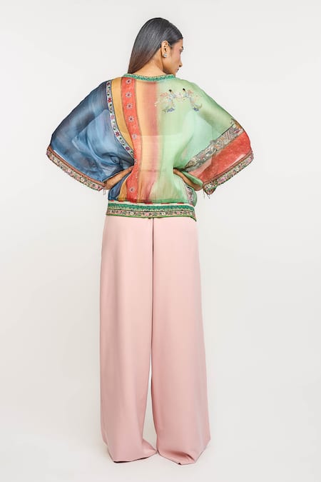 Buy_Ott_Multi Color Silk Embroidery Round Neck Singh Twins Sheer Top _Online_at_Aza_Fashions