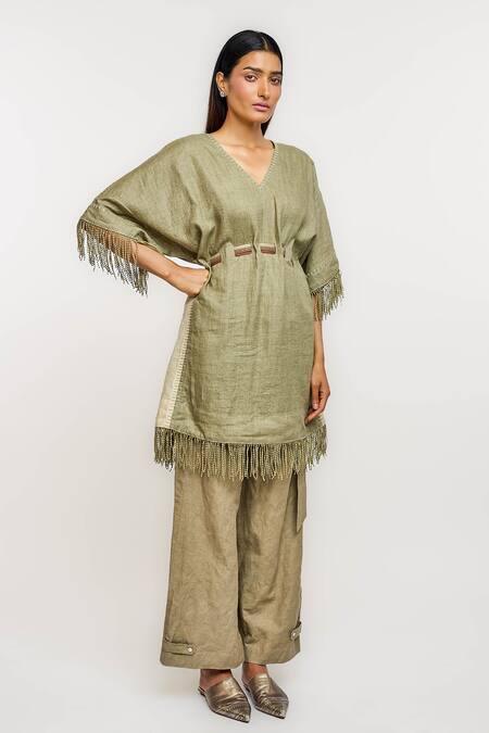 Ott_Olive Green Linen Fringe V-neck Tunic _Online_at_Aza_Fashions