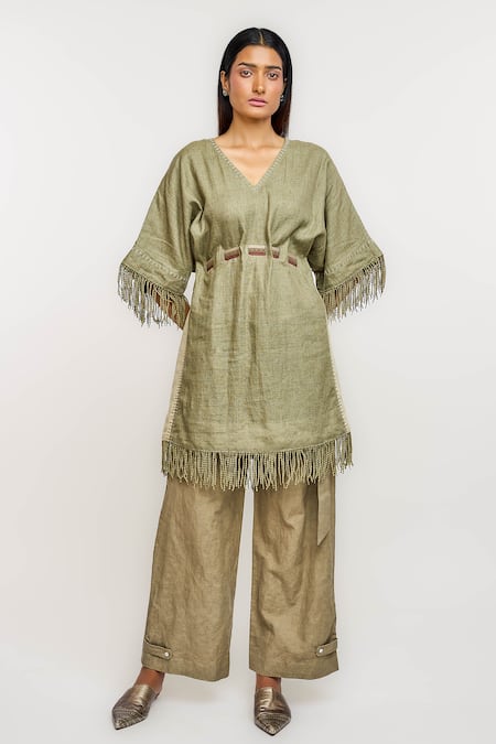 Buy_Ott_Olive Green Linen Fringe V-neck Tunic _Online_at_Aza_Fashions