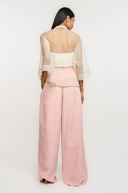 Ott_Ivory Nylon Embroidery Collared Sheer Floral Top _Online_at_Aza_Fashions