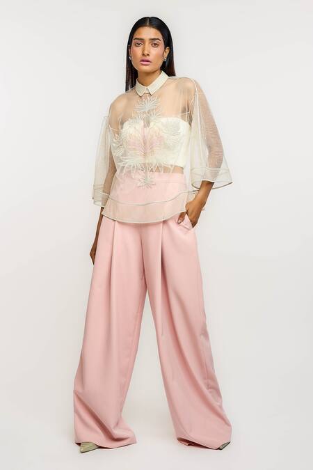 Buy_Ott_Ivory Nylon Embroidery Collared Sheer Floral Top _Online_at_Aza_Fashions