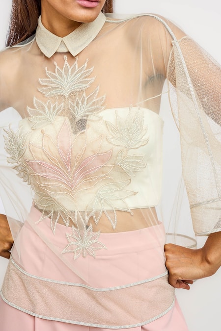 Shop_Ott_Ivory Nylon Embroidery Collared Sheer Floral Top _Online_at_Aza_Fashions