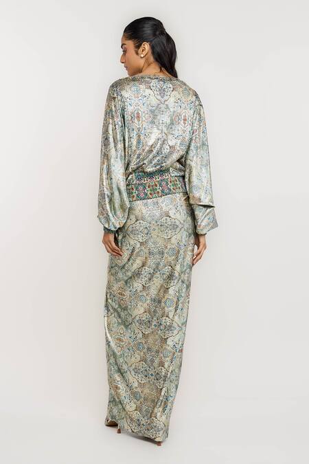 Ott_Green Polyester, Spandex Boat Neck Kilim Weekend Top _Online_at_Aza_Fashions