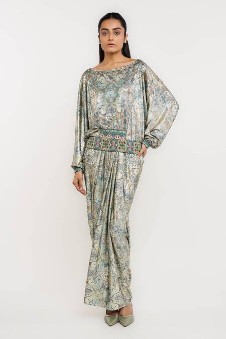 Buy_Ott_Green Polyester, Spandex Boat Neck Kilim Weekend Top _Online_at_Aza_Fashions