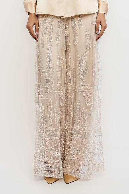Ott_Ivory Polyester Sequins Crystal Evening Pant _Online_at_Aza_Fashions