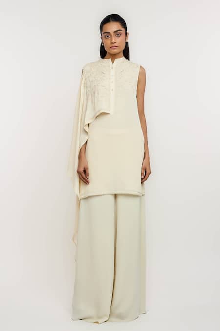Ott_Ivory Silk Embroidery Collared Layered Chikankari Tunic _Online_at_Aza_Fashions