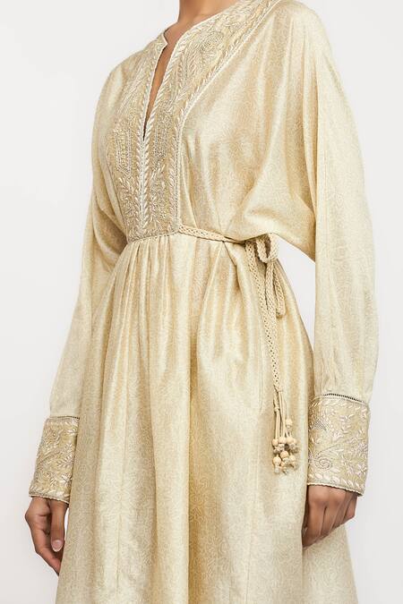 Shop Ott Beige Cotton, Silk Embroidery Split V-neck Chikankari Day Dress Online at Aza Fashions Shop_Ott_Beige Cotton, Silk Embroidery Split V-neck Chikankari Day Dress _Online_at_Aza_Fashions