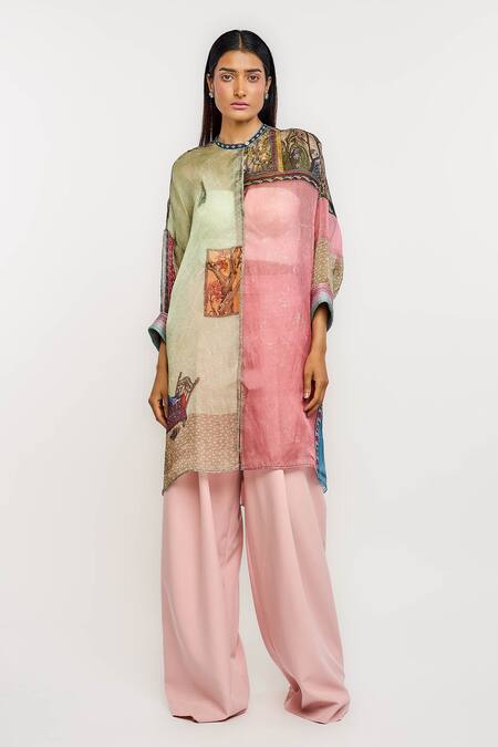 Ott_Multi Color Silk Embroidery, Patchwork Round Neck Singh Twins Long Tunic _Online_at_Aza_Fashions