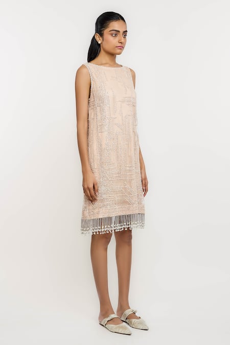 Ott_Off White Polyester Beads Boat Neck Crystal Cocktail Shift Dress _Online_at_Aza_Fashions