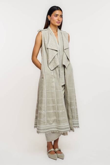 Ott_Gray Linen Embroidery, Lace Open Neck Chikankari Day Coat _Online_at_Aza_Fashions