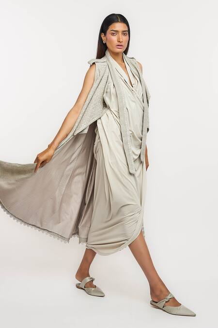 Buy_Ott_Gray Linen Embroidery, Lace Open Neck Chikankari Day Coat _Online_at_Aza_Fashions