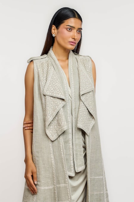 Shop_Ott_Gray Linen Embroidery, Lace Open Neck Chikankari Day Coat _Online_at_Aza_Fashions
