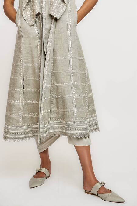 Ott_Gray Linen Embroidery, Lace Open Neck Chikankari Day Coat _at_Aza_Fashions