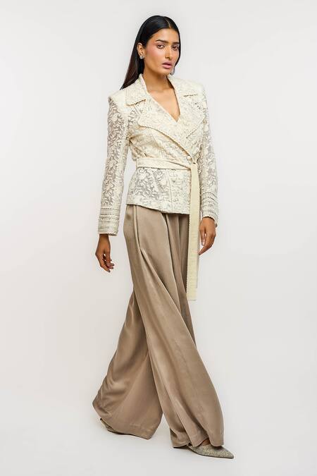 Ott_Ivory Cotton, Silk Embroidery V-neck Crop Jacket _Online_at_Aza_Fashions