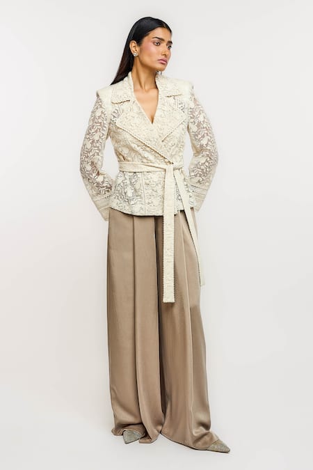 Buy_Ott_Ivory Cotton, Silk Embroidery V-neck Crop Jacket _Online_at_Aza_Fashions