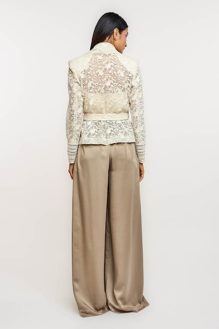Shop_Ott_Ivory Cotton, Silk Embroidery V-neck Crop Jacket _Online_at_Aza_Fashions