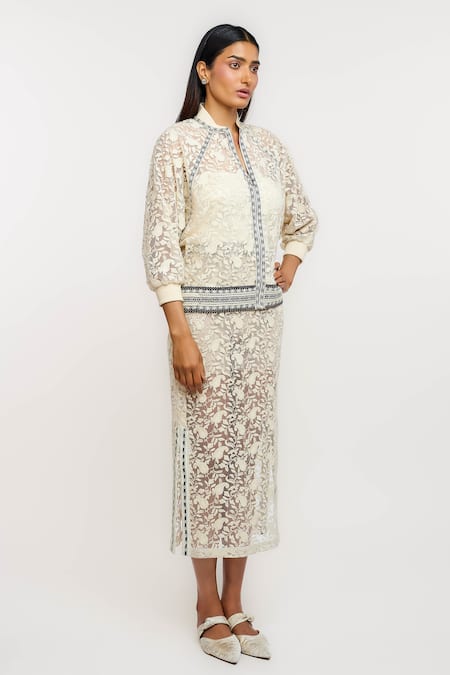 Ott_Off White Nylon Embroidery Mandarin Collar Bomber Jacket _Online_at_Aza_Fashions