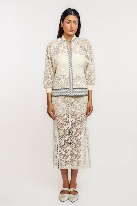 Buy_Ott_Off White Nylon Embroidery Mandarin Collar Bomber Jacket _Online_at_Aza_Fashions