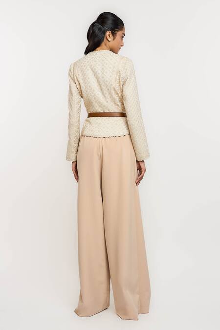 Ott_Ivory Linen Embroidery Round Neck Classic Chikan Jacket _Online_at_Aza_Fashions