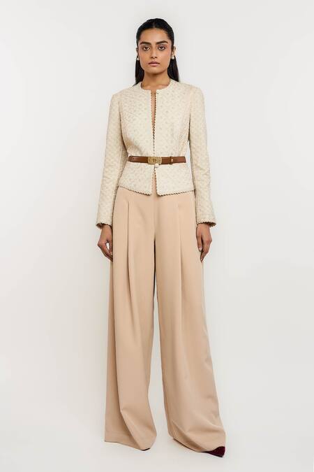 Buy_Ott_Ivory Linen Embroidery Round Neck Classic Chikan Jacket _Online_at_Aza_Fashions