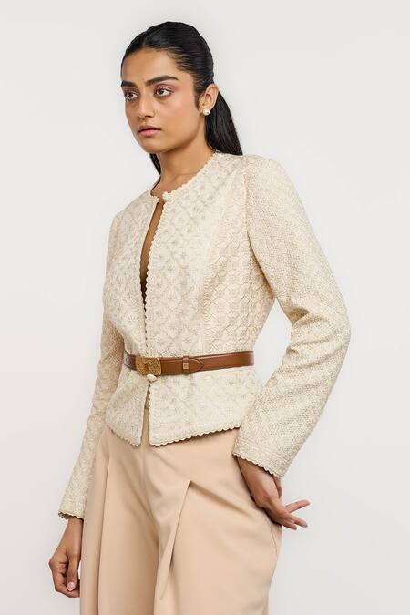 Shop_Ott_Ivory Linen Embroidery Round Neck Classic Chikan Jacket _Online_at_Aza_Fashions