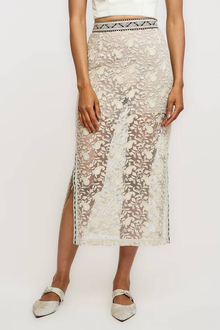 Ott_Ivory Nylon Embroidery Pencil Skirt _Online_at_Aza_Fashions