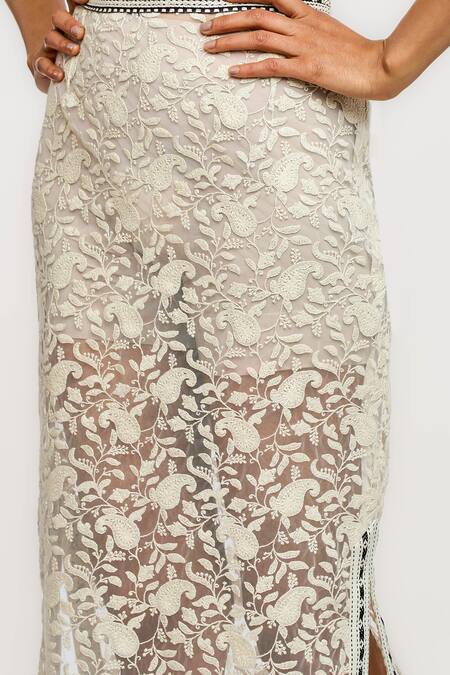Buy_Ott_Ivory Nylon Embroidery Pencil Skirt _Online_at_Aza_Fashions