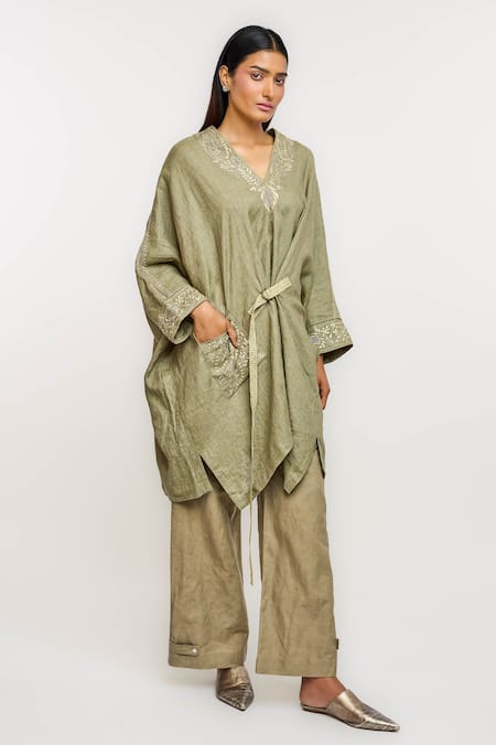 Ott_Olive Green Linen Embroidery V-neck Chikankari Tie - Up Tunic _Online_at_Aza_Fashions