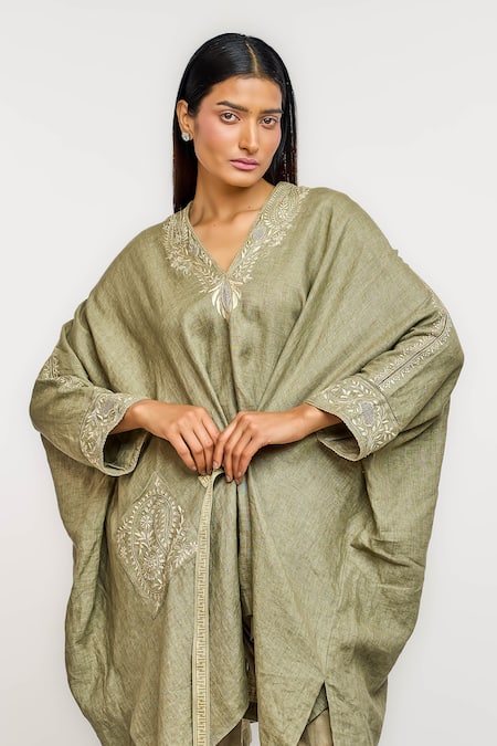 Buy_Ott_Olive Green Linen Embroidery V-neck Chikankari Tie - Up Tunic _Online_at_Aza_Fashions