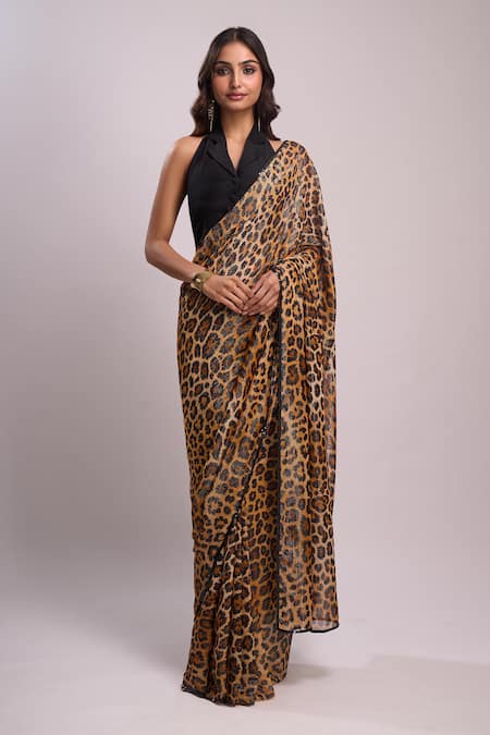 Aza X Shilpa Shetty Kundra_Beige Lurex, Georgette, Silk Sequins Leopard Print Saree With Tie-up Blouse _at_Aza_Fashions