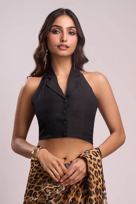 Buy_Aza X Shilpa Shetty Kundra_Beige Lurex, Georgette, Silk Sequins Leopard Print Saree With Tie-up Blouse _Online_at_Aza_Fashions