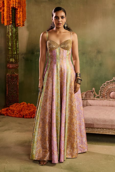 Buy_Reeti Arneja_Multi Color Chanderi, Riwaayat Contrasting Kali Scalloped Cutwork Lehenga Set _Online_at_Aza_Fashions