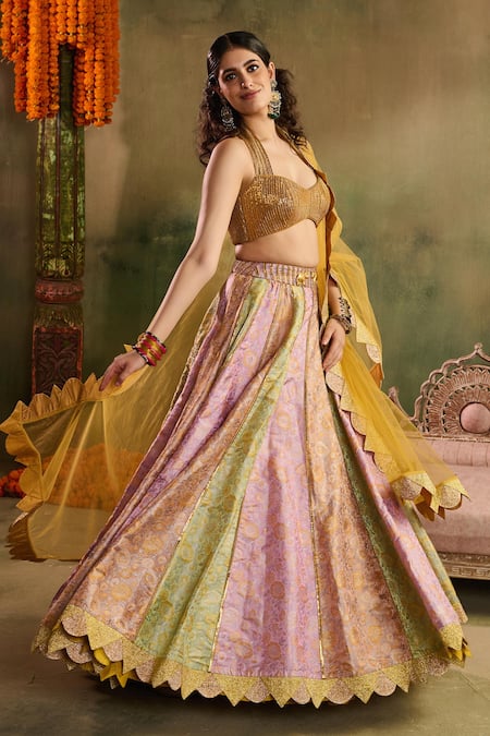 Shop_Reeti Arneja_Multi Color Chanderi, Riwaayat Contrasting Kali Scalloped Cutwork Lehenga Set _Online_at_Aza_Fashions