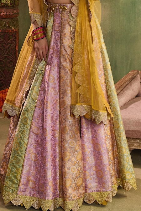 Reeti Arneja_Multi Color Chanderi, Riwaayat Contrasting Kali Scalloped Cutwork Lehenga Set _at_Aza_Fashions