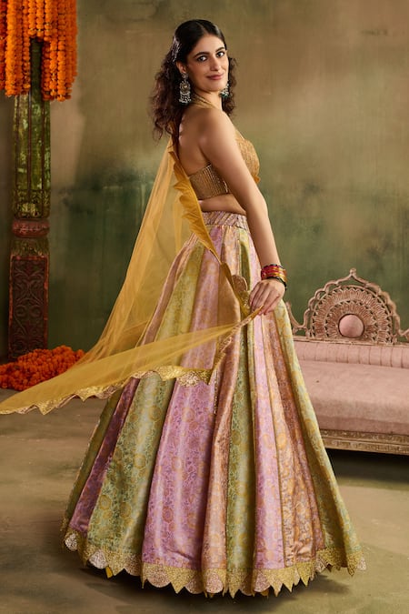 Buy_Reeti Arneja_Multi Color Chanderi, Riwaayat Contrasting Kali Scalloped Cutwork Lehenga Set 