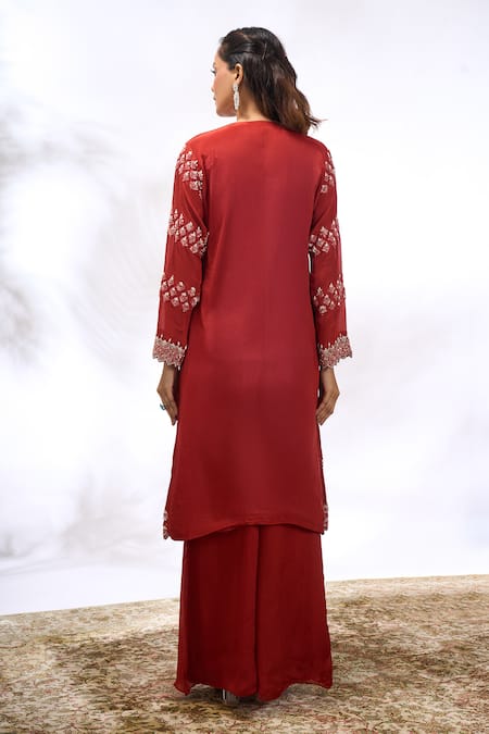 Shop Samyukta Singhania Rust Georgette Embroidery V-neck Geometric Work Kurta Set at Aza Fashions Shop_Samyukta Singhania_Rust Georgette Embroidery V-neck Geometric Work Kurta Set _at_Aza_Fashions