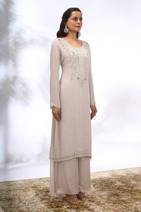 Shop_Samyukta Singhania_Gray Georgette Embroidery, Beads, Sequins Round Neck Floral Kurta Set _Online_at_Aza_Fashions