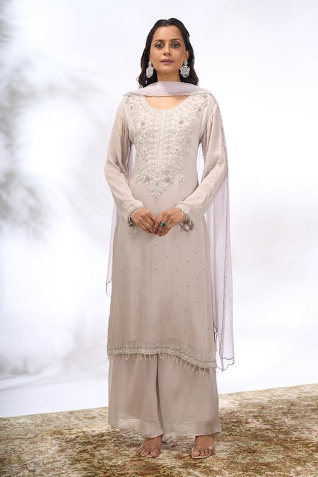 Samyukta Singhania_Gray Georgette Embroidery, Beads, Sequins Round Neck Floral Kurta Set _at_Aza_Fashions