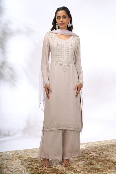 Buy_Samyukta Singhania_Gray Georgette Embroidery, Beads, Sequins Round Neck Floral Kurta Set 