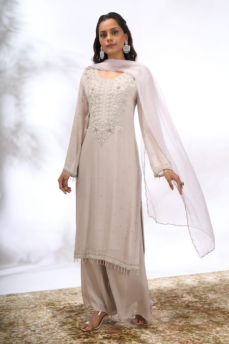 Shop_Samyukta Singhania_Gray Georgette Embroidery, Beads, Sequins Round Neck Floral Kurta Set 