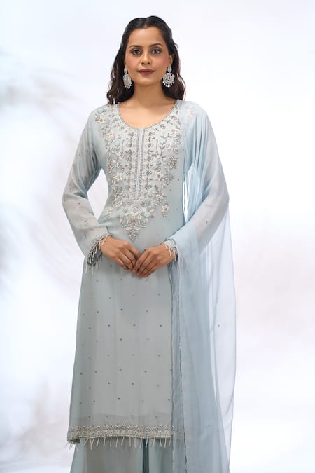 Shop_Samyukta Singhania_Blue Georgette Embroidery, Beads V-neck Floral Kurta Set 